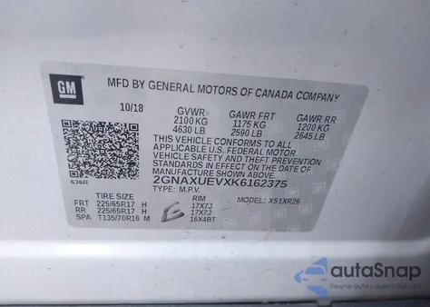 2019 Chevrolet Equinox Lt z USA, uszkodzony, nr VIN 2GNAXUEVXK6162375